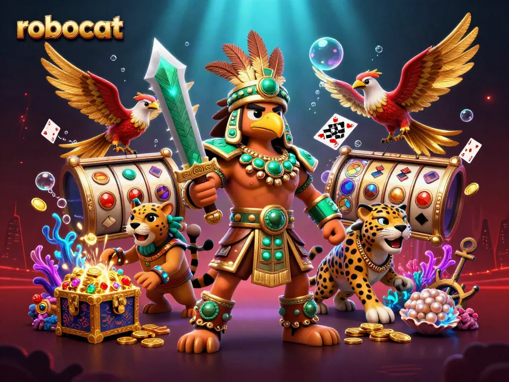robocat spins slot reels surrounded by gold coins and underwater treasures in an exciting casino scene.