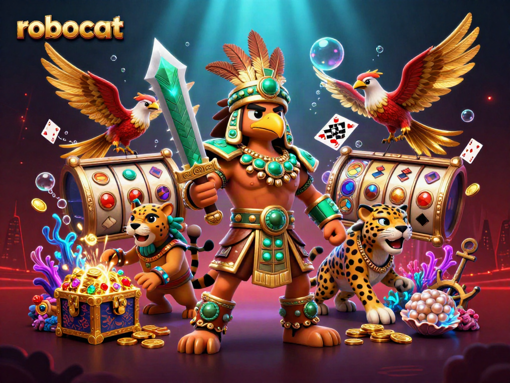 robocat spins slot reels surrounded by gold coins and underwater treasures in an exciting casino scene.