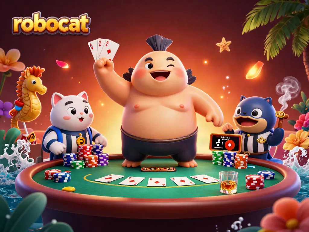 Experience the excitement of robocat at an underwater poker tournament with dynamic characters and vibrant illustrations.