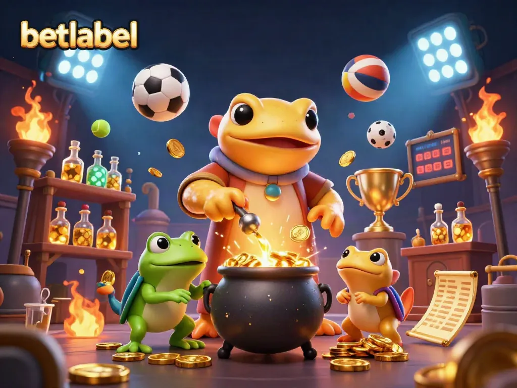 Betlabel showcases a golden salamander alchemist surrounded by sports betting elements in a dynamic casino scene.