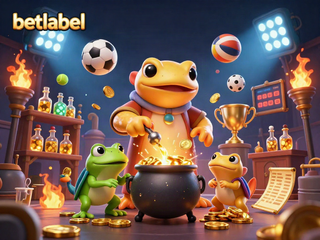 Betlabel showcases a golden salamander alchemist surrounded by sports betting elements in a dynamic casino scene.