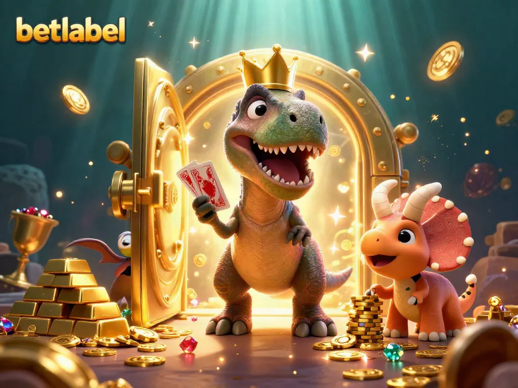 Experience the thrill of betlabel with a cheerful T-Rex, poker elements, and dazzling treasures.