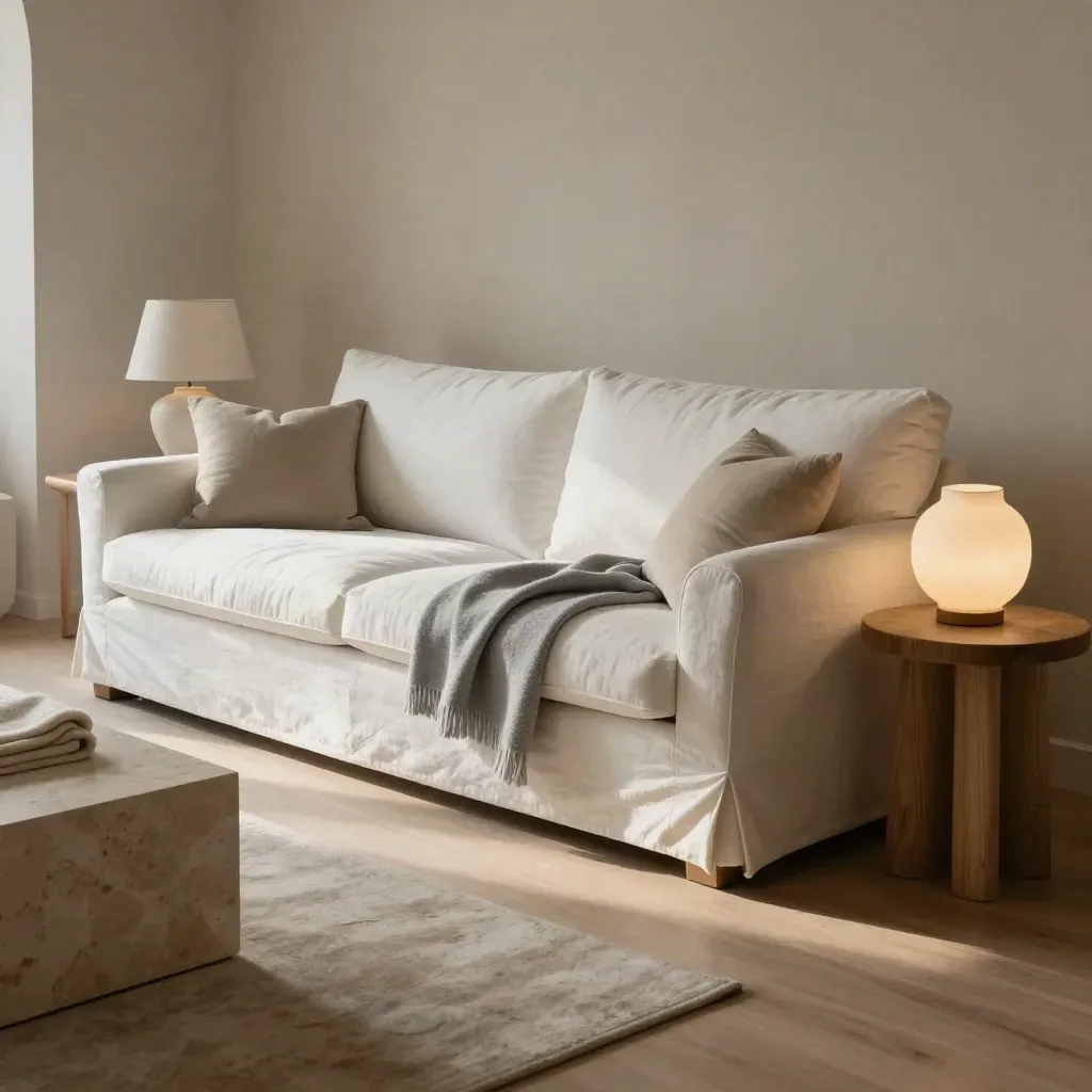 Salón luminoso con sofá blanco, manta gris perla, mesa auxiliar y lámpara suave.