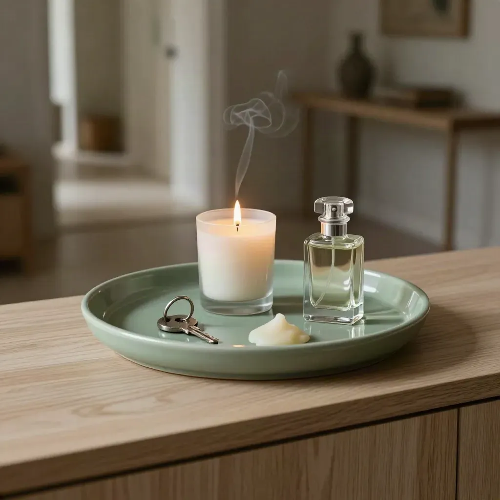 Bandeja salvia con vela encendida, llaves y frasco de perfume sobre madera clara.