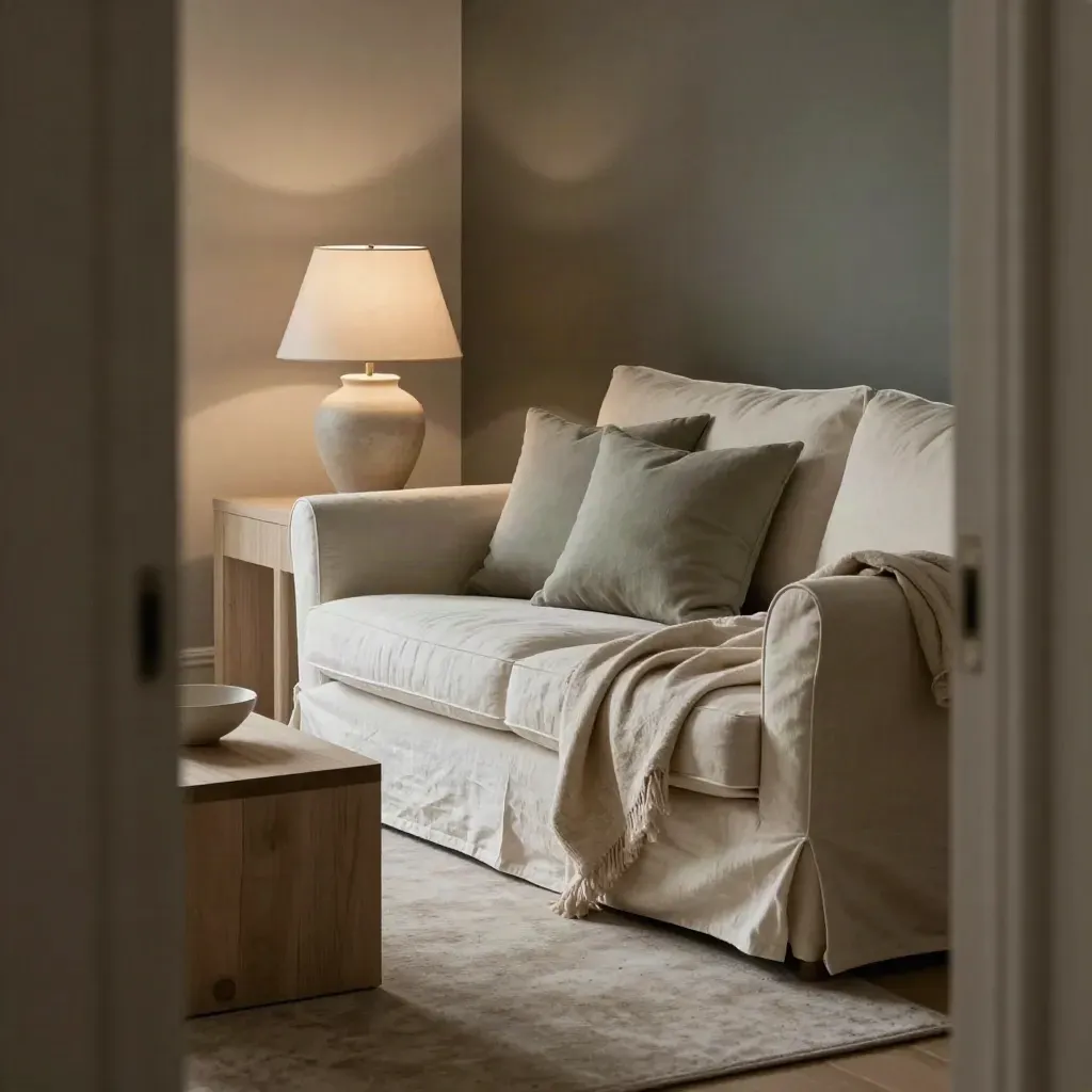 Salón luminoso con sofá de lino, manta, cojín salvia, lámpara suave y mesa auxiliar de madera clara.