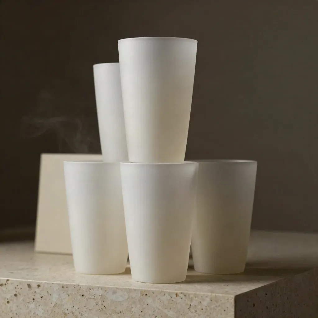 Cuatro copas altas blancas apiladas sobre travertino, con vapor frío y luz suave de estudio.