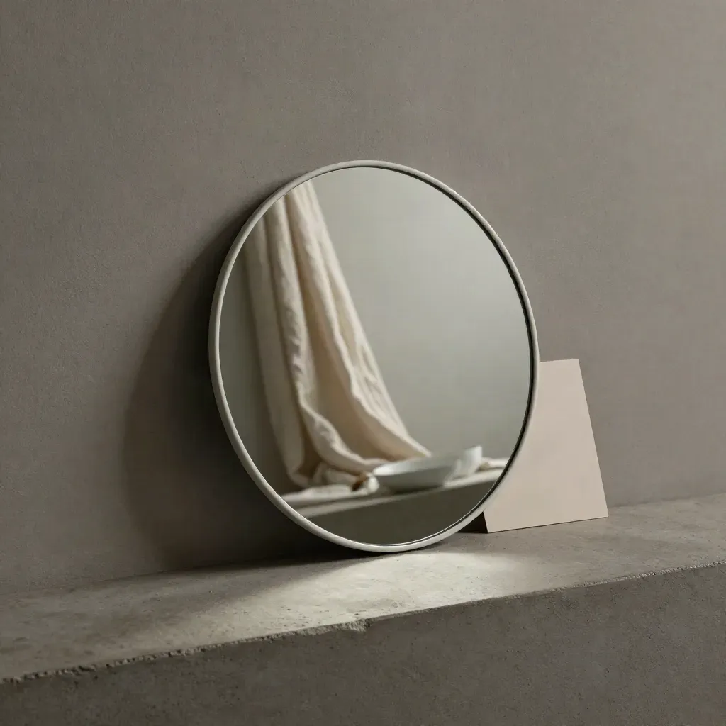 Espejo redondo claro apoyado en yeso, con reflejo de lino y cerámica blanca.