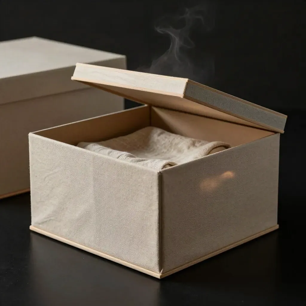 Caja de orden arena medio abierta con lino doblado y otra caja al fondo.