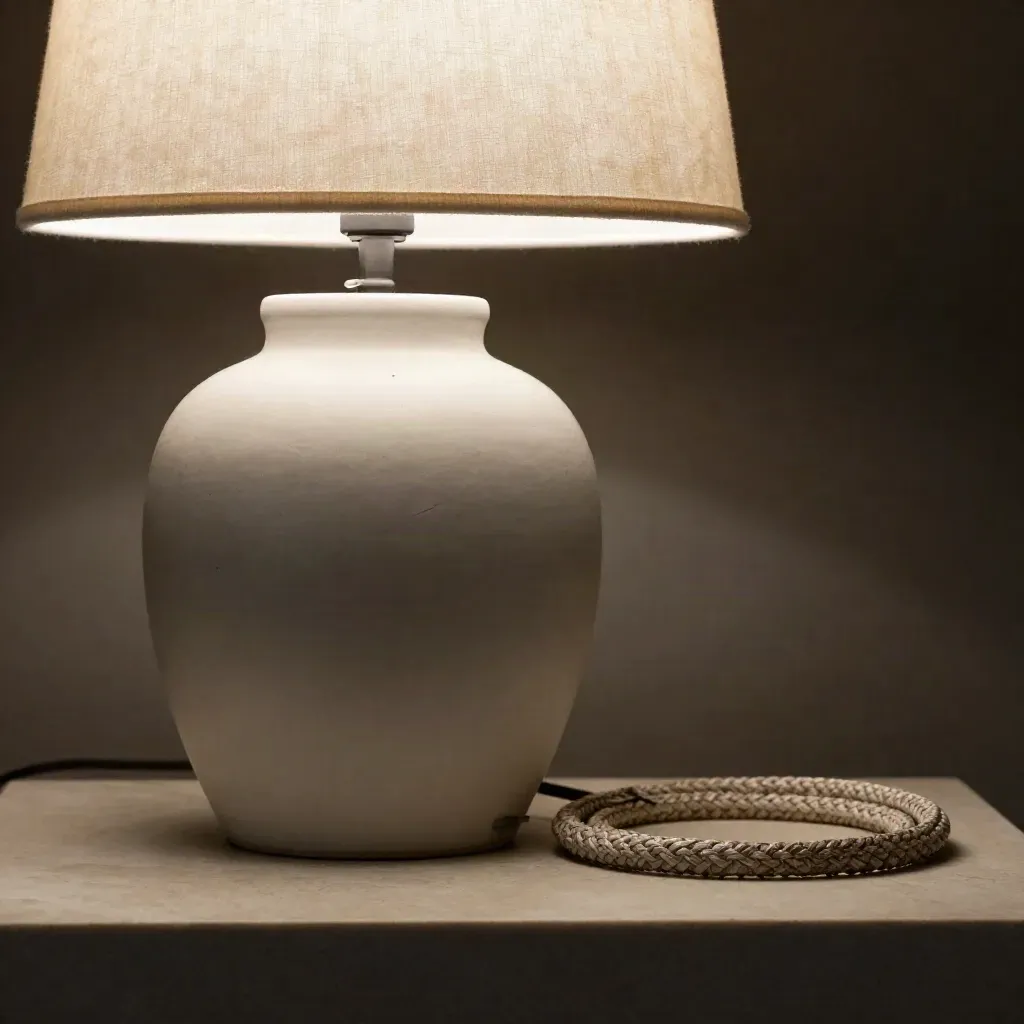 Lámpara de mesa salvia encendida sobre piedra clara, con cable recogido y luz suave.