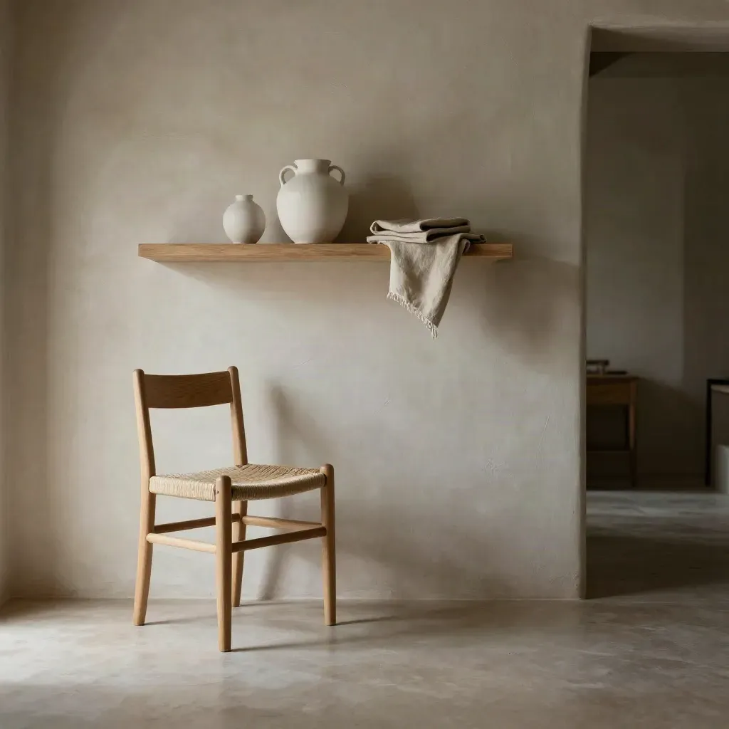 Rincón luminoso con silla ligera de madera clara, estante mínimo y pared de yeso pálido.
