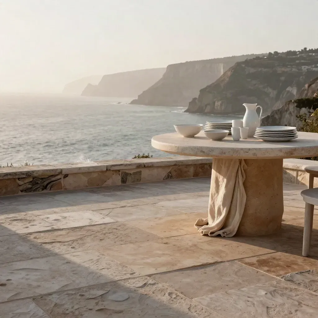 Terraza costera de piedra clara con vajilla blanca y niebla marina.