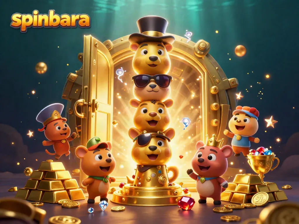 Spinbara showcases a lively 3D illustration of a golden totem pole amidst treasure and casino elements.