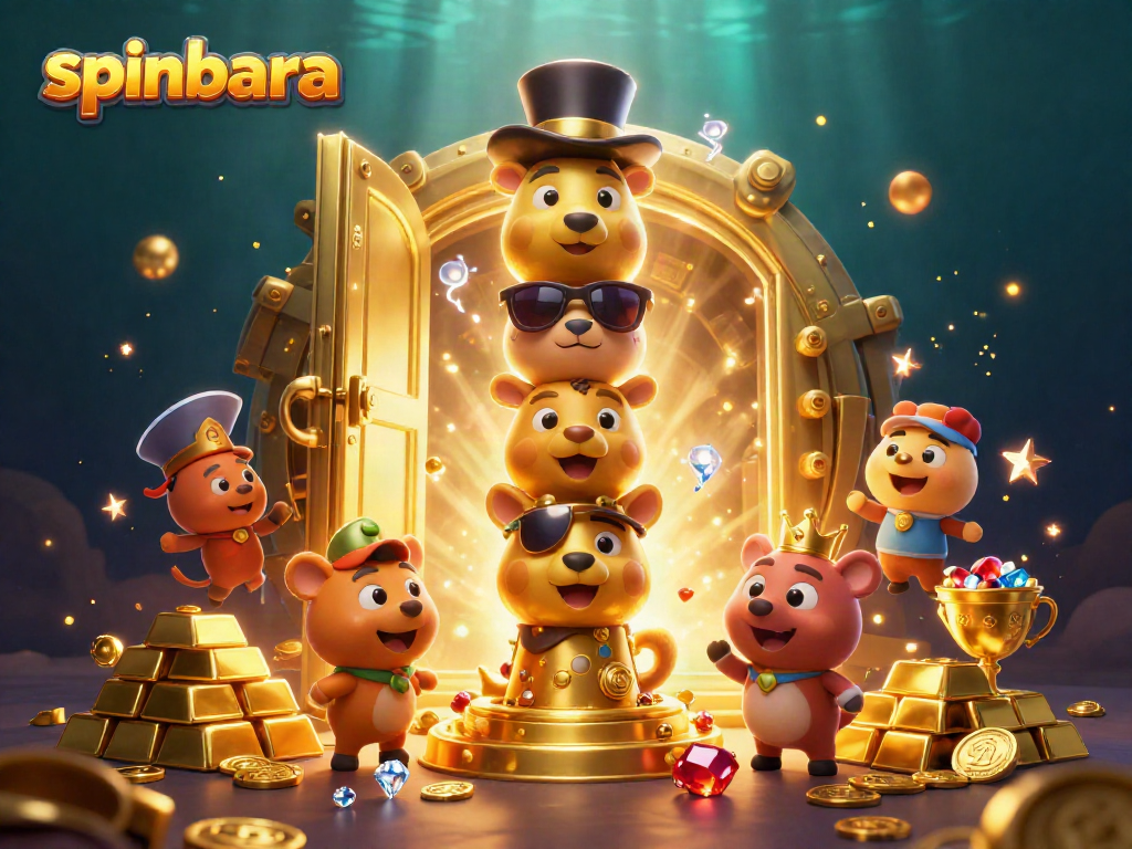 Spinbara showcases a lively 3D illustration of a golden totem pole amidst treasure and casino elements.